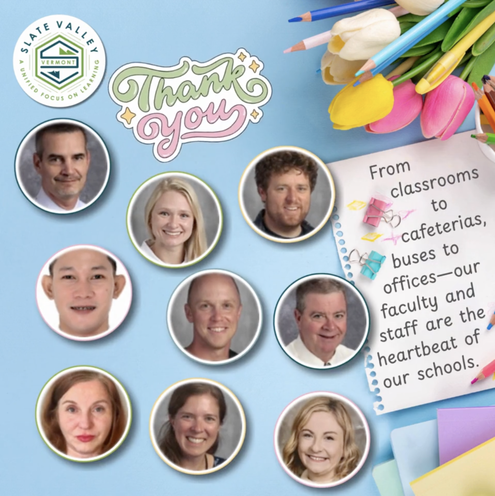 Collage-style graphic with a light blue background featuring photos of several faculty and staff members in circular frames. Decorative elements include colored pencils, tulips, and paper clips. Text reads “Thank you” and a note says, “From classrooms to cafeterias, buses to offices—our faculty and staff are the heartbeat of our schools.”