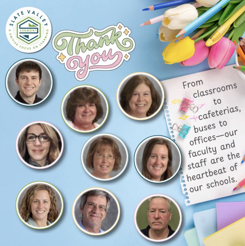 Collage-style graphic with a light blue background featuring photos of several faculty and staff members in circular frames. Decorative elements include colored pencils, tulips, and paper clips. Text reads “Thank you” and a note says, “From classrooms to cafeterias, buses to offices—our faculty and staff are the heartbeat of our schools.”