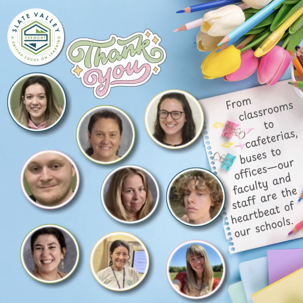 Collage-style graphic with a light blue background featuring photos of several faculty and staff members in circular frames. Decorative elements include colored pencils, tulips, and paper clips. Text reads “Thank you” and a note says, “From classrooms to cafeterias, buses to offices—our faculty and staff are the heartbeat of our schools.”