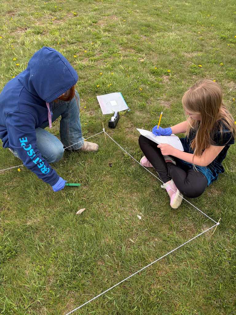 Two children conduct field research within a square string perimeter. One child in a blue hoodie kneels on the left, while another sits on the right, writing data on a grid-lined worksheet. 