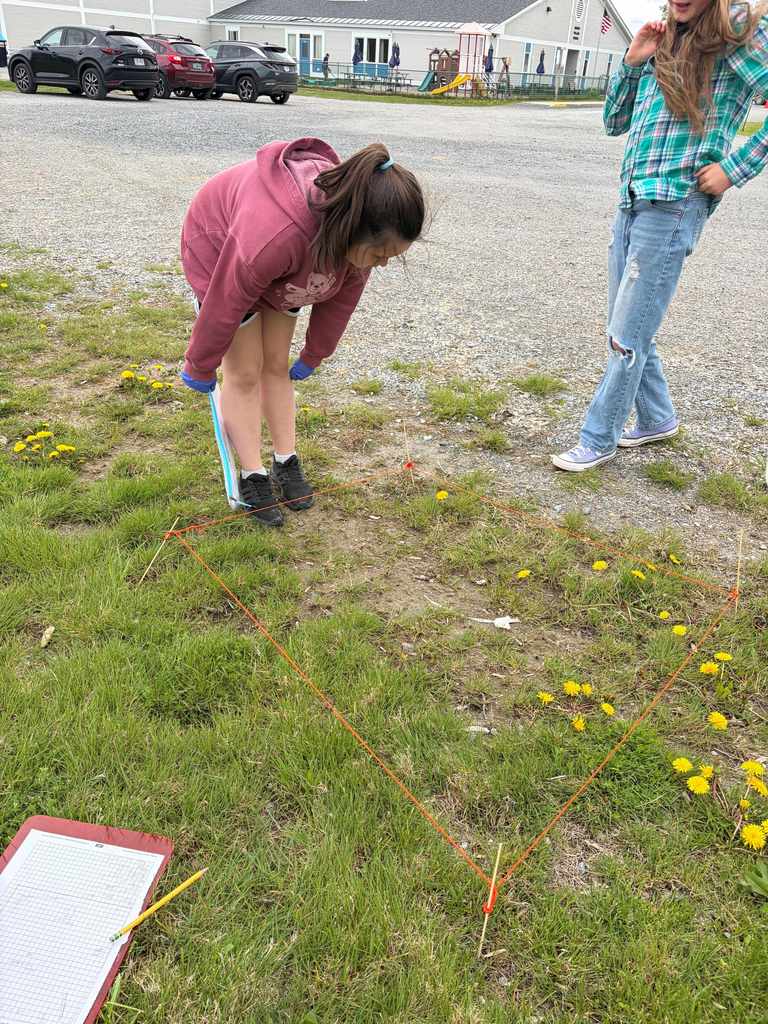 A girl in a green plaid shirt holds a red clipboard and a ruler, standing over a square string plot on a patchy lawn. Another girl in a pink hoodie kneels inside the plot, reaching toward the ground with blue gloved hands.  