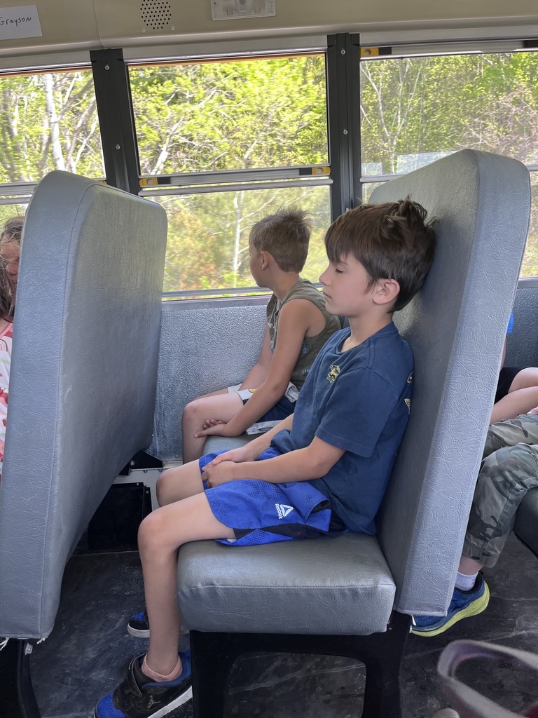 Two young boys sitting on a school bus seat next to an open window. The boy in the foreground wears a blue t-shirt and blue athletic shorts, sitting upright with his eyes closed. The boy behind him wears a green sleeveless shirt and looks out the window at passing green trees.