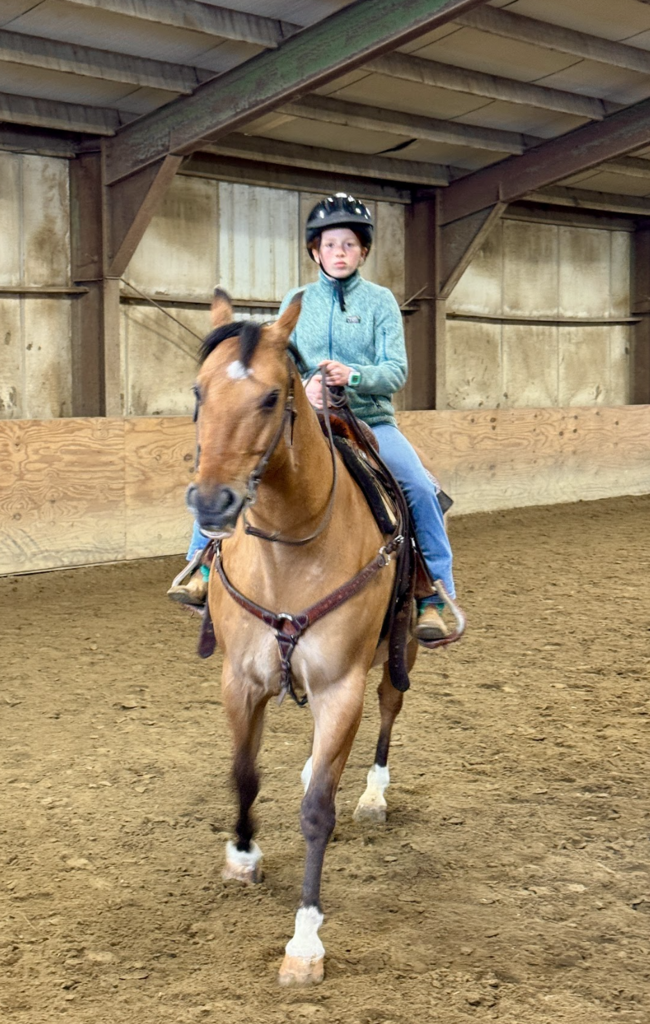 A student rides a white horse in an indoor arena while an instructor walks beside them and other riders practice in the background.