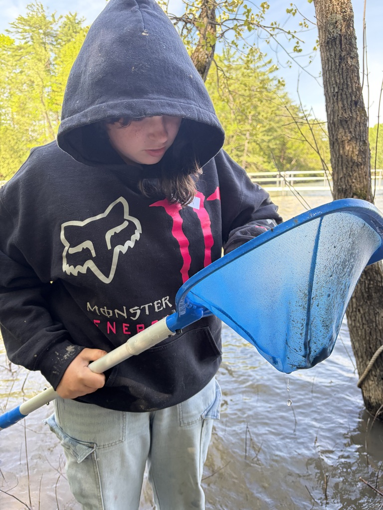  A medium shot of a child wearing a black Monster Energy hooded sweatshirt with the hood pulled up, looking down intently at a blue dip net held in their hands. Water is dripping from the bottom of the net back into the river or lake. The background shows tree trunks and the edge of a body of water under a bright sky.