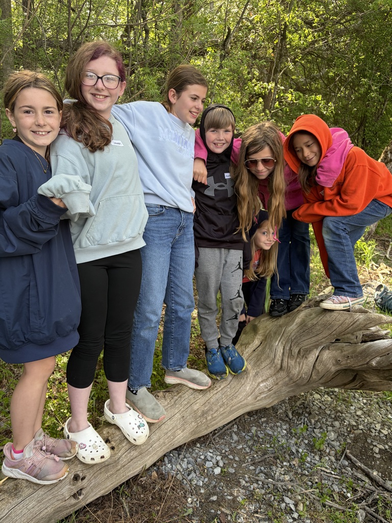  A group photo of seven children posing together on a large, weathered fallen log in a wooded area. They are lined up close together, smiling and leaning into one another. The background is filled with lush green trees and dense foliage. The children are dressed in casual outdoor clothing, including hoodies, jeans, sweatpants, sneakers, and Crocs. 