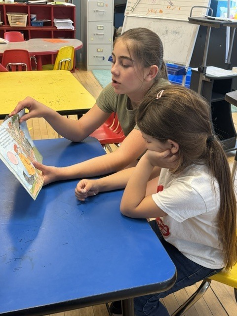An older student reads aloud from a picture book to a younger student seated beside her at a classroom table.