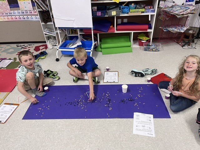  Three young students sit on the floor of a classroom around a long purple mat. The mat is scattered with small objects, like dried beans and macaroni. A boy on the left and a boy in the middle lean over the mat, using small paper cups to gather the pieces. A girl sits on the right side, holding a straw and smiling toward the camera. Activity worksheets on clipboards are placed on the floor nearby.                                                                                                                                                                                                                                                          image1 (1).jpeg Three young students sit on the floor of a classroom around a long purple mat. The mat is scattered with small objects, like dried beans and macaroni. A boy on the left and a boy in the middle lean over the mat, using small paper cups to gather the pieces. A girl sits on the right side, holding a straw and smiling toward the camera. Activity worksheets on clipboards are placed on the floor nearby.  image2 (1).jpeg Three elementary-aged children are working on a colorful, handprint-patterned rug around a long red mat. The mat has small black beans and yellow macaroni pieces scattered across it. One boy lies on his stomach at the top of the mat, a girl sits on the right side manipulating the pieces, and a boy in the bottom left foreground looks at the camera while holding up a small purple paper cup.  image0 (1).jpeg A group of four children are gathered on the classroom floor around a long, bright blue mat scattered with small black and tan pieces. A young girl in the foreground on the right smiles directly at the camera, while another girl on the left leans forward holding a straw like a tool. Behind them, a boy sits cross-legged holding a small cup up to his face, and worksheets with clipboards are scattered around the workspace.                                                                                                                                                               