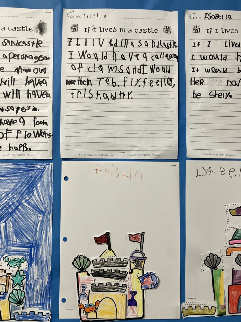  A close-up of a student's project on a blue bulletin board. The lined paper at the top shows a child's handwriting under the name The text reads, "If I lived in a sandcastle I would have a collection of clams and I would name them Teb, fly, feelie, trist, and tir." Below the writing is a separate sheet of paper with the name written in orange crayon. It features a colorful paper cutout collage of a sandcastle with two red flags, a small orange crab at the bottom, and green seashells on the sides. 
