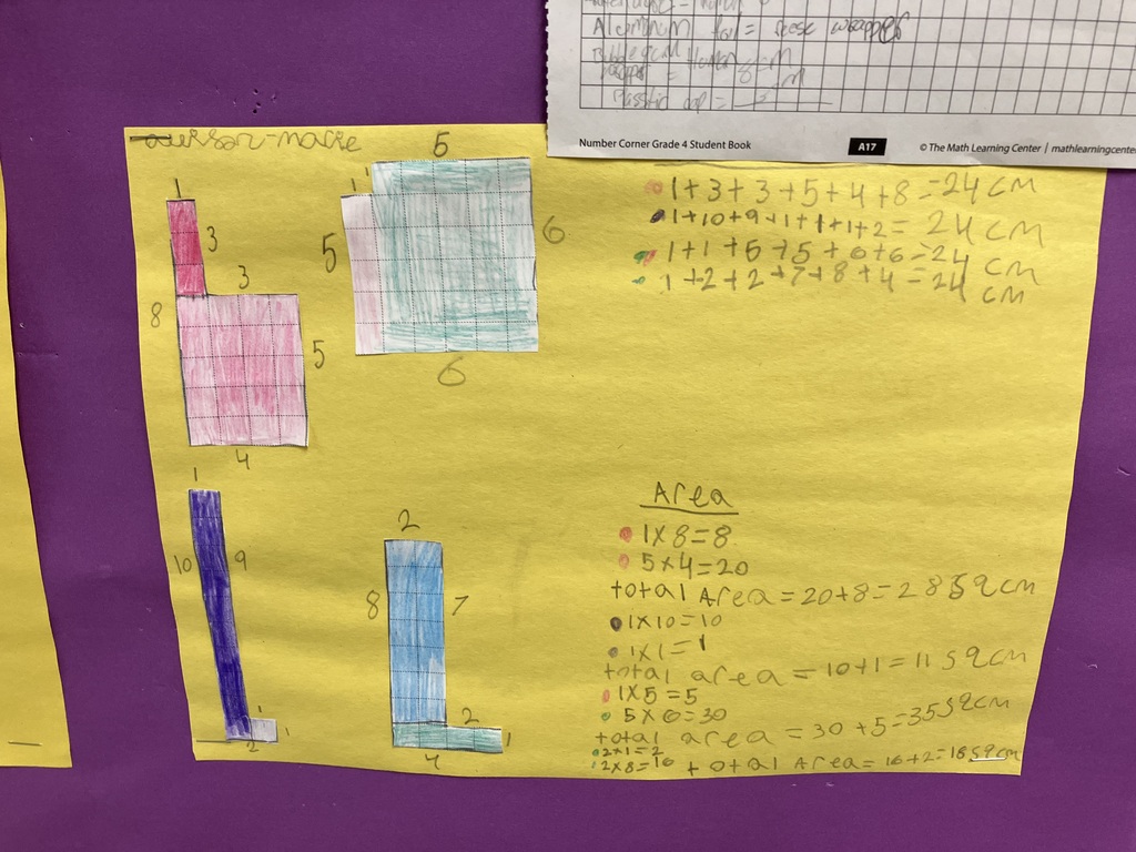 A yellow piece of construction paper displaying four distinct irregular shapes drawn on grid paper and colored with markers (pink, green, purple, and blue). To the right of the shapes, the student has listed four different addition equations, each summing up to a perimeter of "24 cm." Below the perimeter equations, a section labeled "Area" breaks down the square unit measurements for each shape using color-coded bullet points and multiplication, such as "1 x 8 = 8" and "5 x 4 = 20" to find a "total Area = 20 + 8 = 28 sq cm." 