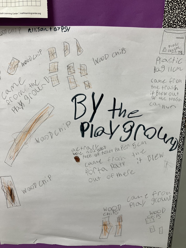  A student poster titled "BY the PlayGround" written in large, bold black marker across the center. Created by "Allison + Gypsy," the white paper is covered in pencil drawings of wood chips colored with brown and orange crayons. In the top right corner, a drawing of a plastic bag includes the label "Plastic Bag 11cm" and a note reading "came from the trash it Blew out of the trash can." Near the center, a small brown smudge is labeled "piece of toilet paper 5cm came from the Porta Poty it Blew out of there."  