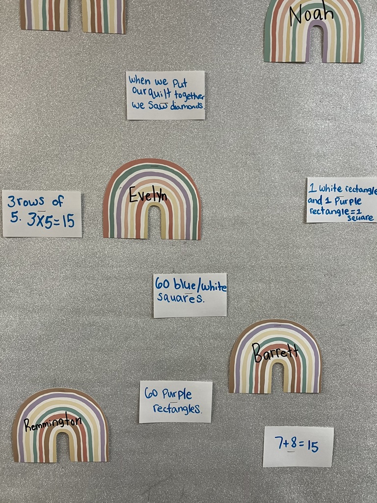 : A close-up view of the left side of the silver glitter bulletin board, highlighting student names and their corresponding math notes. Featured names written on boho rainbow cutouts include Noah, Evelyn, Barrett, and Remmington. The accompanying handwritten index cards read: "When we put our quilt together we saw diamonds," "3 rows of 5. 3x5=15," "60 blue/white squares," "60 purple rectangles," "1 white rectangle and 1 purple rectangle = 1 square," and the equation "7+8=15." 