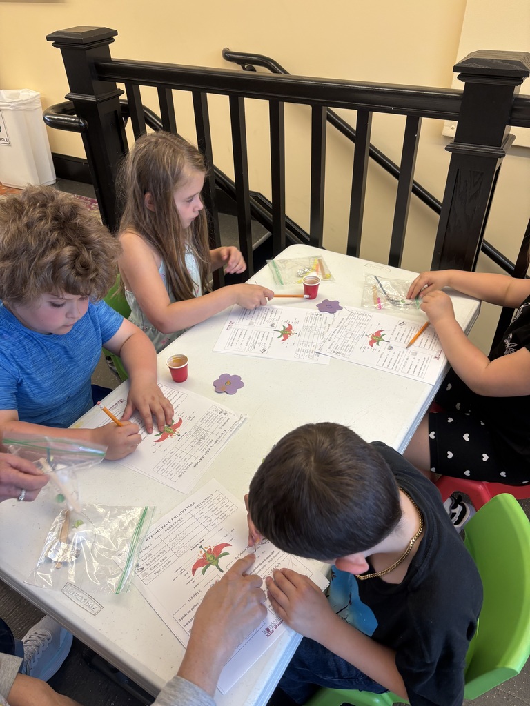 Students work collaboratively at a classroom table, recording observations on pollination worksheets and using craft materials for their engineering challenge.