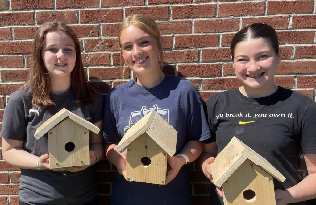 Three students stand in front of a brick wall holding completed wooden birdhouses they designed and built during a Design Lab engineering project.