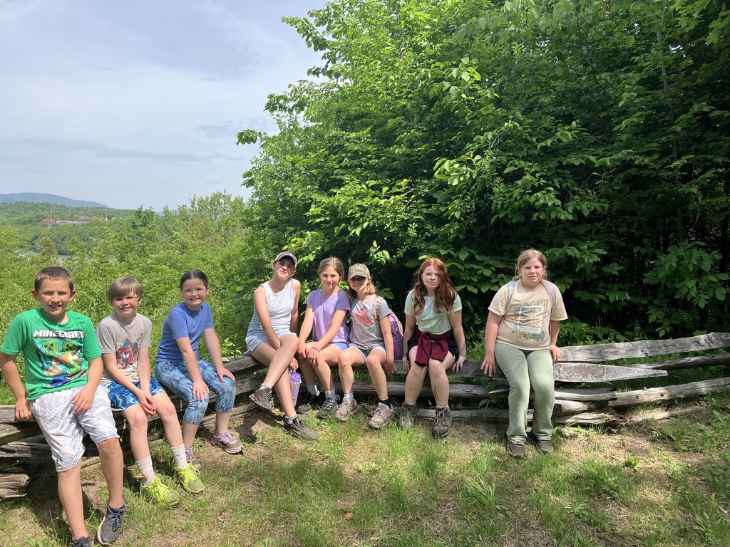 A group of nine children sitting side-by-side along a rustic, weathered split-rail wooden fence. They are smiling at the camera on a sunny day. Behind them is a thick wall of green bushes and trees, with a scenic view of distant hills and water visible to the far left. 