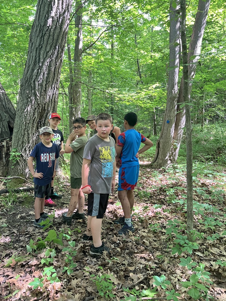 A group of five young boys standing together on a forest path covered in fallen leaves and soil. The boys are dressed in t-shirts, shorts, and baseball caps, with some looking directly at the camera. Tall, thick tree trunks and vibrant green foliage frame the scene.