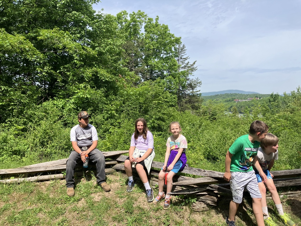  Five children taking a break, sitting along an old wooden split-rail fence on a grassy hillside. Behind them, lush green trees and foliage fill the landscape, leading to a scenic valley view with hills under a bright, partly cloudy sky.  