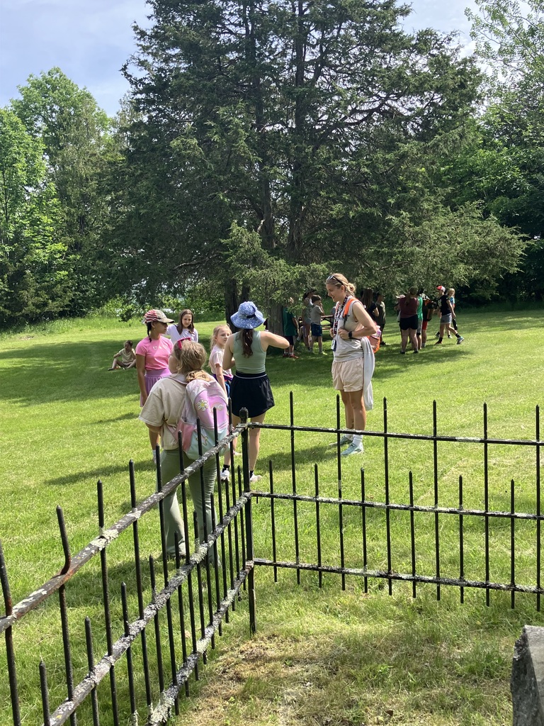 A view looking over a black wrought-iron fence into a sunlit grassy field where a group of children and an adult leader are gathered. A large evergreen tree stands in the center of the lawn, with dense green woods lining the background of the field. 