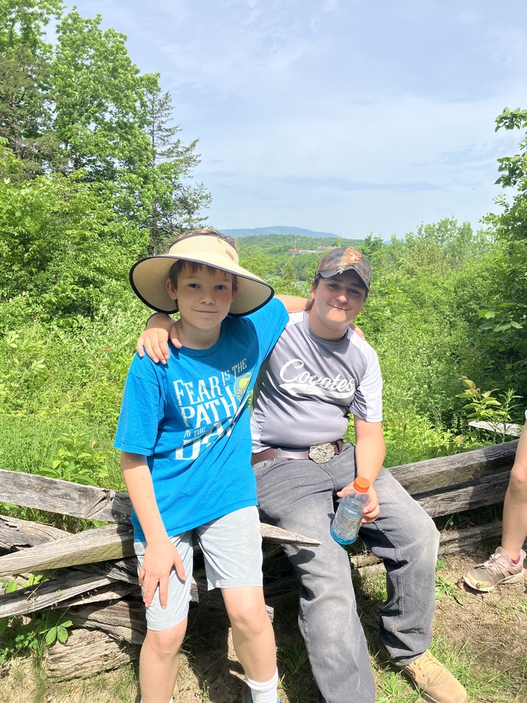: Two boys smiling and sitting on an old wooden split-rail fence outdoors. The boy on the left wears a wide-brimmed sun hat, a bright blue t-shirt, and grey shorts. The boy on the right wears a camo baseball cap, a grey "Coyotes" t-shirt, dark jeans, and holds a blue water bottle. A lush green forest and distant hills are visible under a bright sky in the background.