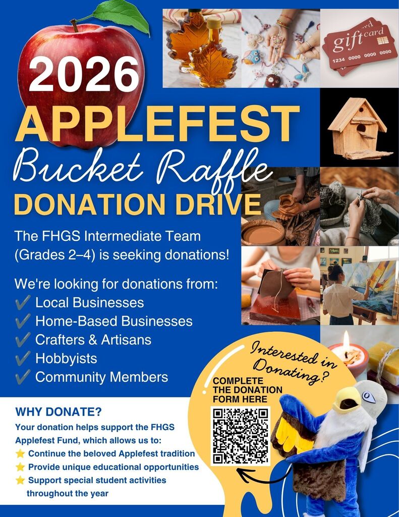 Flyer promoting the 2026 Applefest Bucket Raffle Donation Drive hosted by the Fair Haven Grade School Intermediate Team (Grades 2–4). The flyer features a large red apple with "2026 Applefest" written across it and photos representing potential raffle donations, including maple syrup, handmade jewelry, gift cards, birdhouses, pottery, knitting, leatherwork, artwork, candles, and soaps. Text explains that donations are being sought from local businesses, home-based businesses, crafters, artisans, hobbyists, and community members. A section titled "Why Donate?" notes that proceeds support the FHGS Applefest Fund, helping continue the Applefest tradition, provide unique educational opportunities, and fund special student activities throughout the year. A QR code is included for donors to complete the donation form, alongside a school mascot graphic encouraging participation.