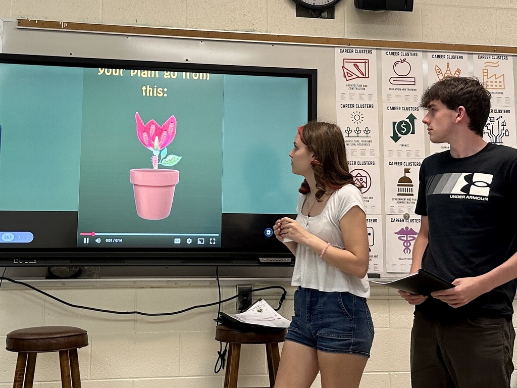 Two students present a marketing video and advertising strategy for Flora Amour while standing beside a large classroom display screen.