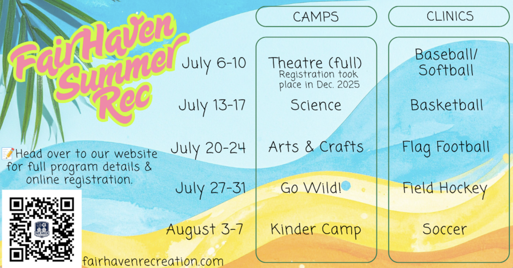 Colorful Fair Haven Summer Recreation flyer with a beach and ocean-themed background. The flyer lists summer camp and clinic offerings by week. Camps include Theatre Camp (full), Science Camp, Arts & Crafts, Go Wild!, and Kinder Camp. Sports clinics include Baseball/Softball, Basketball, Flag Football, Field Hockey, and Soccer. Program dates run from July 6–10 through August 3–7. A QR code and website address, fairhavenrecreation.com, direct families to registration and additional program information. Bright tropical graphics and summer colors decorate the flyer.