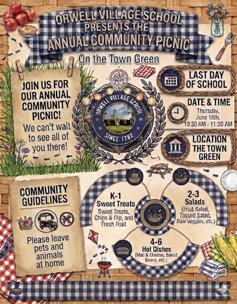 Orwell Village School flyer promoting the Annual Community Picnic on the Town Green. The flyer features a picnic-themed design with blue checkered tablecloth patterns, flowers, food illustrations, and the Orwell Village School seal. The event will take place on Thursday, June 18, from 10:30 to 11:30 a.m. on the Orwell Town Green. Families are asked to bring food items based on grade level: K–1 families bring sweet treats, chips and dip, or fresh fruit; grades 2–3 bring salads, fruit salads, tossed salads, or raw vegetables; grades 4–6 bring hot dishes such as macaroni and cheese or baked beans. A reminder asks guests to leave pets and animals at home. The flyer celebrates the school's annual end-of-year community picnic.