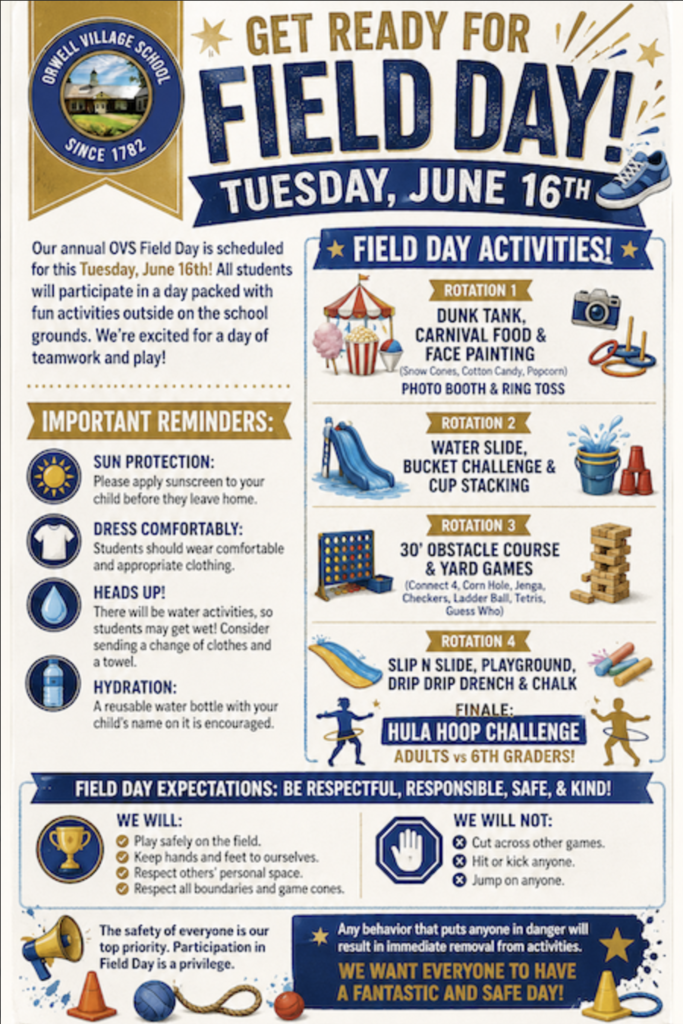 Colorful Orwell Village School Field Day flyer announcing the annual event on Tuesday, June 16. The flyer explains that students will spend the day participating in outdoor activities and games. Activities are organized into rotations and include a dunk tank, carnival games, food and face painting, photo booth, ring toss, water slide, bucket challenge, cup stacking, obstacle course, yard games, slip and slide, playground activities, chalk activities, and a finale hula hoop challenge between adults and sixth graders. Important reminders encourage sunscreen, comfortable clothing, a change of clothes and towel for water activities, and a reusable water bottle. The flyer also outlines expectations for students to be respectful, responsible, safe, and kind throughout the day. Decorative graphics include sports equipment, carnival images, and the Orwell Village School logo.