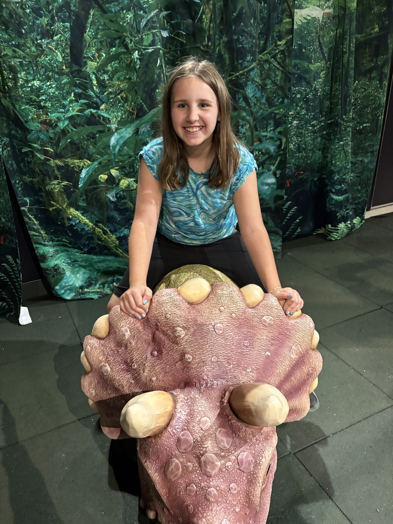 A young girl with shoulder-length brown hair smiles brightly while sitting atop a model Triceratops dinosaur. She is wearing a blue and white patterned shirt and black shorts. A green, leafy jungle scene is visible behind her.