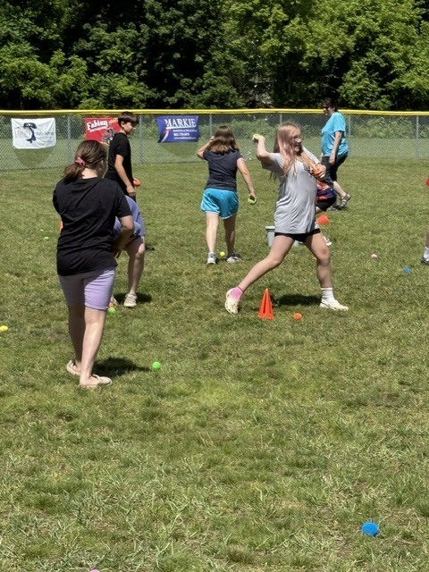 A group of children playing a dodgeball-style game with colorful small balls on a grassy field on a sunny day. In the foreground, a girl with pinkish hair in a grey shirt winds up to throw a ball, while other children run, duck, and gather balls across the grass. An orange cone sits on the lawn near the center, and a chain-link fence with advertising banners and a backdrop of green trees is visible in the background