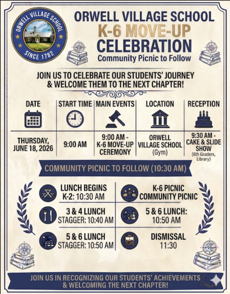 Flyer for the Orwell Village School K–6 Move-Up Celebration. The event takes place on Thursday, June 18, 2026, beginning at 9:00 a.m. in the Orwell Village School gym. The flyer invites families and community members to celebrate students’ journeys and welcome them to the next chapter. Following the K–6 Move-Up Ceremony, a reception featuring cake and a slideshow for sixth graders will be held at 9:30 a.m. in the library. A community picnic follows at 10:30 a.m., with lunch times staggered by grade level: Kindergarten–Grade 2 at 10:30 a.m., Grades 3–4 at 10:40 a.m., and Grades 5–6 at 10:50 a.m. Dismissal is at 11:30 a.m. The flyer includes the Orwell Village School logo, decorative academic-themed graphics, and the message: “Join us in recognizing our students’ achievements and welcoming the next chapter!”