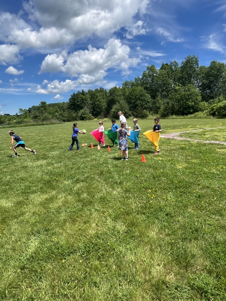 Children participate in a field day game on a large grassy lawn, some wearing colorful giant sacks while others throw and catch a beach ball. IMG_6229.jpg: A wide shot of a field day event where children in brightly colored racing sacks compete on a vast, green grass field under a blue sky with fluffy white clouds.