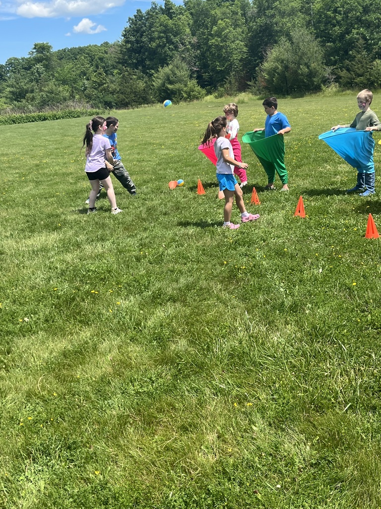 : Children participate in a field day game on a large grassy lawn, some wearing colorful giant sacks while others throw and catch a beach ball. IMG_6229.jpg: A wide shot of a field day event where children in brightly colored racing sacks compete on a vast, green grass field under a blue sky with fluffy white clouds.