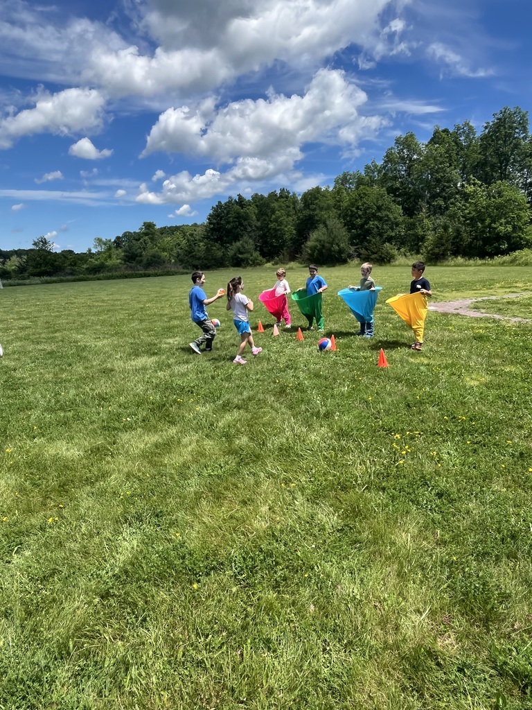Children participate in a field day game on a large grassy lawn, some wearing colorful giant sacks while others throw and catch a beach ball. IMG_6229.jpg: A wide shot of a field day event where children in brightly colored racing sacks compete on a vast, green grass field under a blue sky with fluffy white clouds.