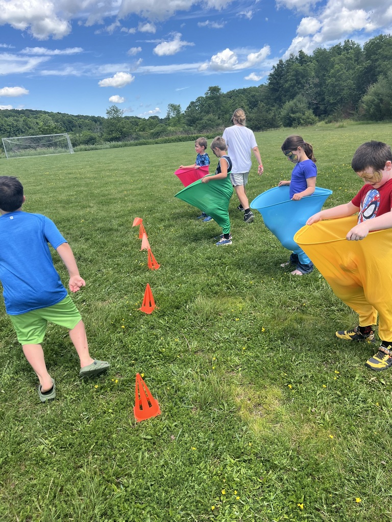 : Children participate in a field day game on a large grassy lawn, some wearing colorful giant sacks while others throw and catch a beach ball. IMG_6229.jpg: A wide shot of a field day event where children in brightly colored racing sacks compete on a vast, green grass field under a blue sky with fluffy white clouds. IMG_6230.jpg: A group of kids enjoy outdoor games on a sunny day in an open field, featuring a sack race line-up and children playing with a beach ball near orange safety cones.