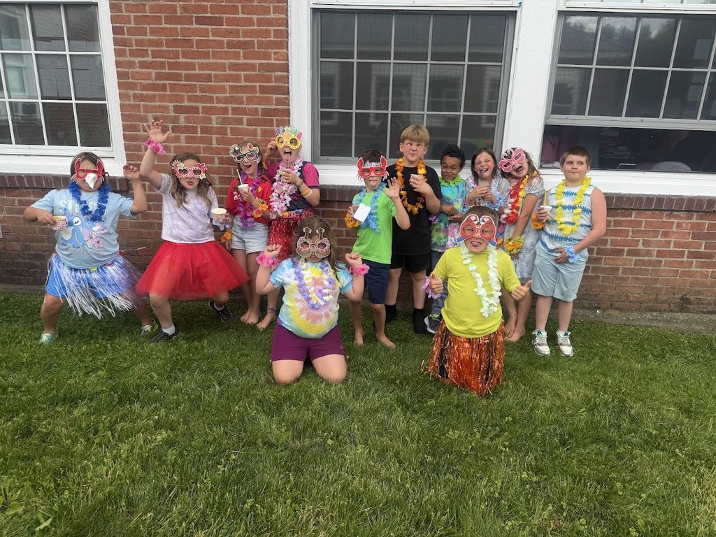 Students wearing tropical leis, bright costumes, and fun sunglasses strike playful poses and smile for a group photo on the school lawn.