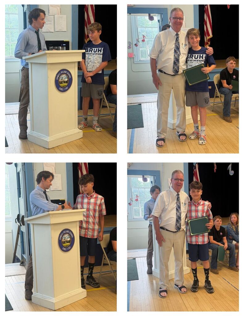 Two sixth-grade students are recognized during an awards ceremony, each shown at the podium receiving remarks and posing with an administrator while holding a certificate.