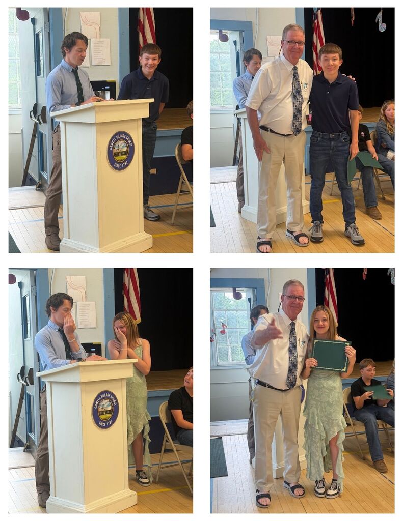 Two sixth-grade students are recognized during an awards ceremony, each shown at the podium receiving remarks and posing with an administrator while holding a certificate.