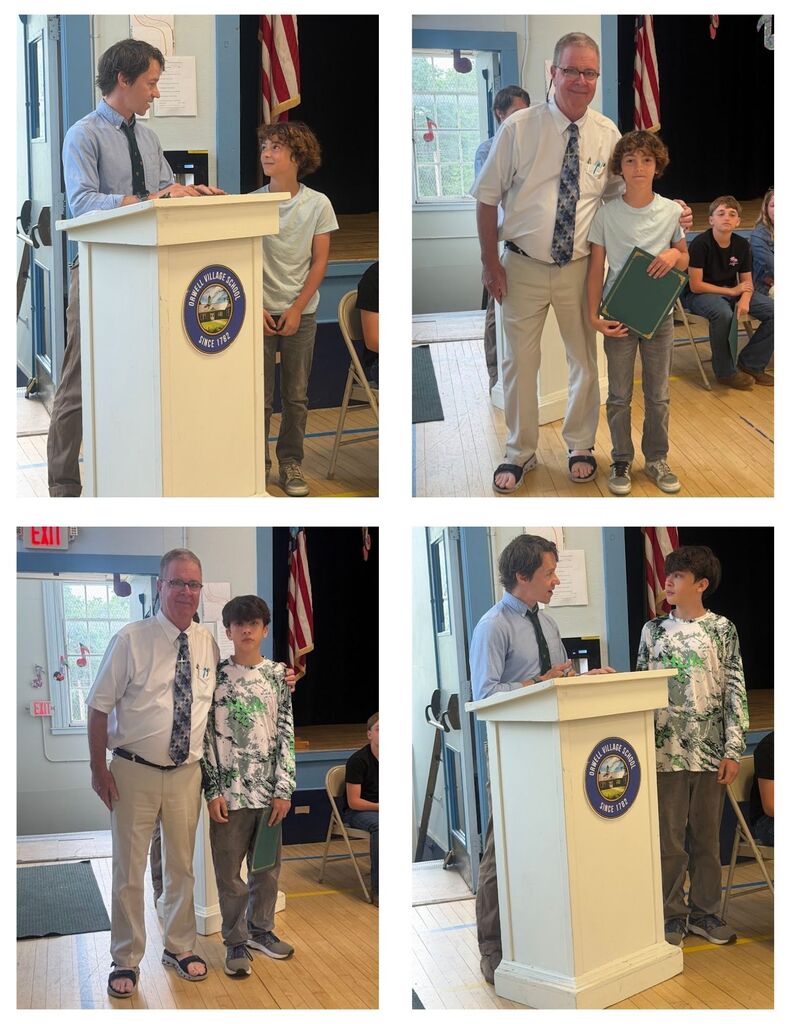 Two sixth-grade students are recognized during an awards ceremony, each shown at the podium receiving remarks and posing with an administrator while holding a certificate.