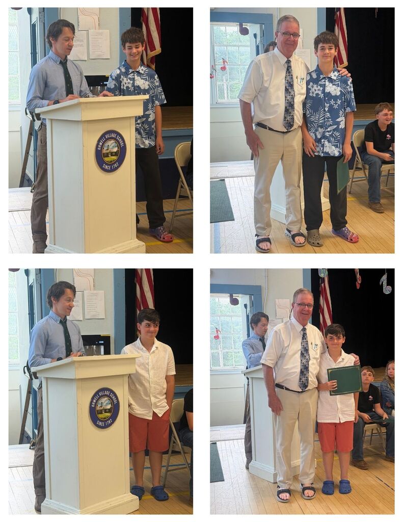 Two sixth-grade students are recognized during an awards ceremony, each shown at the podium receiving remarks and posing with an administrator while holding a certificate.