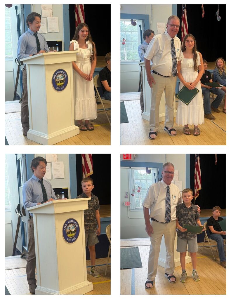 Two sixth-grade students are recognized during an awards ceremony, each shown at the podium receiving remarks and posing with an administrator while holding a certificate.