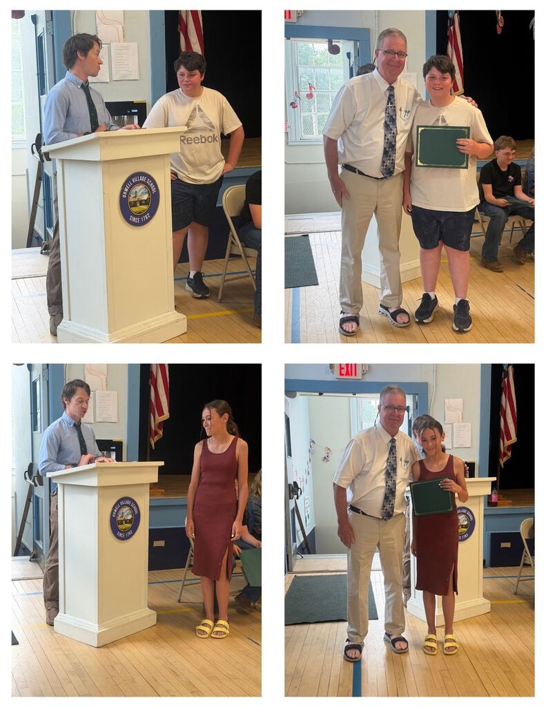 Two sixth-grade students are recognized during an awards ceremony, each shown at the podium receiving remarks and posing with an administrator while holding a certificate.