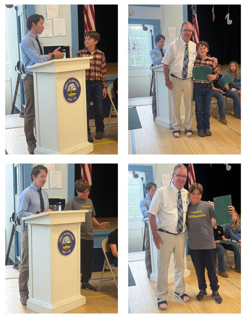 Two sixth-grade students are recognized during an awards ceremony, each shown at the podium receiving remarks and posing with an administrator while holding a certificate.