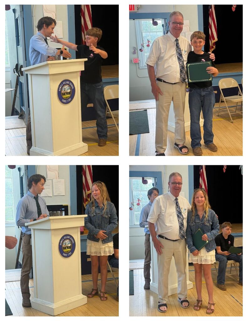 Two sixth-grade students are recognized during an awards ceremony, each shown at the podium receiving remarks and posing with an administrator while holding a certificate.