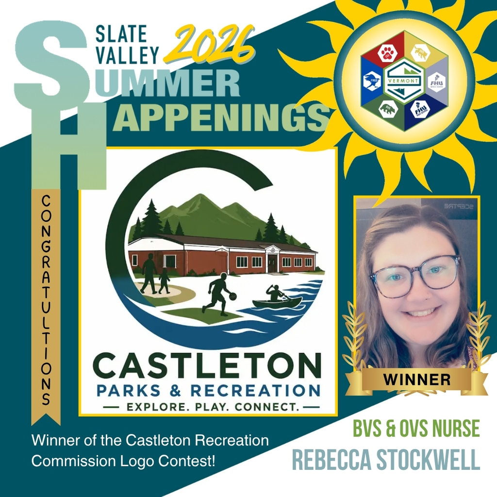 Graphic titled "Slate Valley 2026 Summer Happenings" celebrating BVS and OVS Nurse Rebecca Stockwell as the winner of the Castleton Recreation Commission Logo Contest. The winning Castleton Parks & Recreation logo features mountains, trees, a community building, people walking and playing basketball, and a person kayaking, surrounded by a large letter C. The tagline reads, "Explore. Play. Connect." A portrait of Rebecca appears on the right with a gold "Winner" banner. The Slate Valley logo appears inside a yellow sun at the top right.