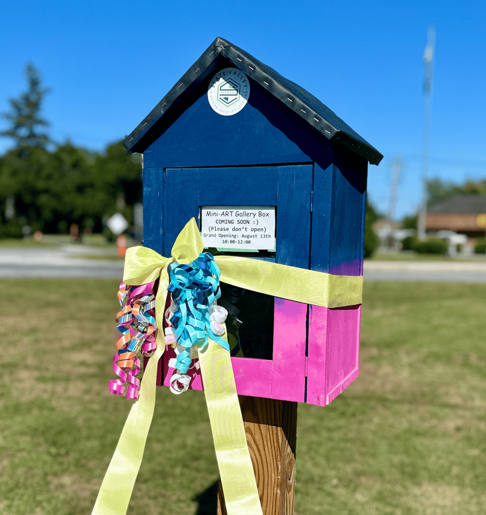 Close-up of the Slate Valley Community Mini Art Gallery mounted on a wooden post in Fair Haven Park. The small gallery is painted navy blue and bright pink with a black roof and is wrapped with a large yellow ribbon and colorful curling bows for its grand opening. A sign on the front reads, "Mini-ART Gallery Box Coming Soon! Grand Opening: August 13th, 10:00–12:00."