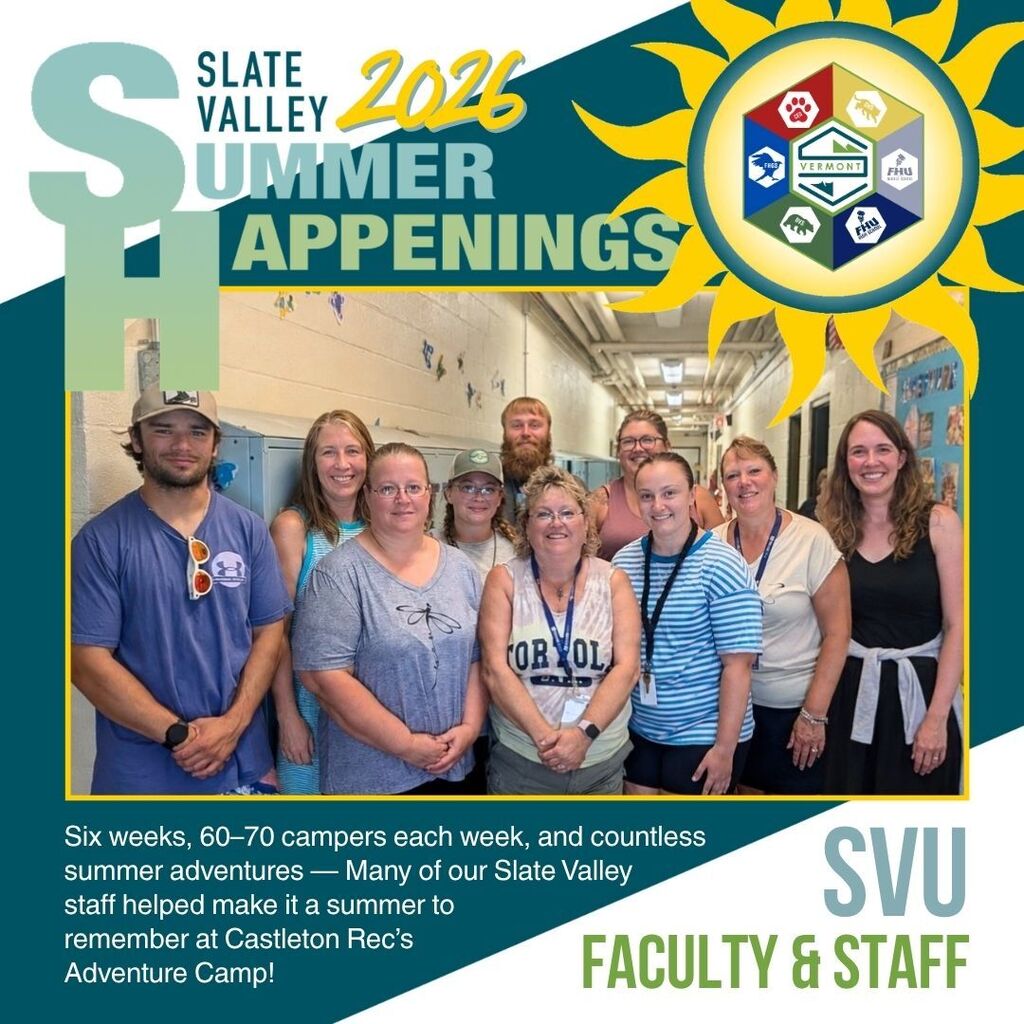 Castleton Recreation Adventure Camp staff pose together in a school hallway. The group of ten smiling adults worked at the six-week summer camp serving children in grades K–6.
