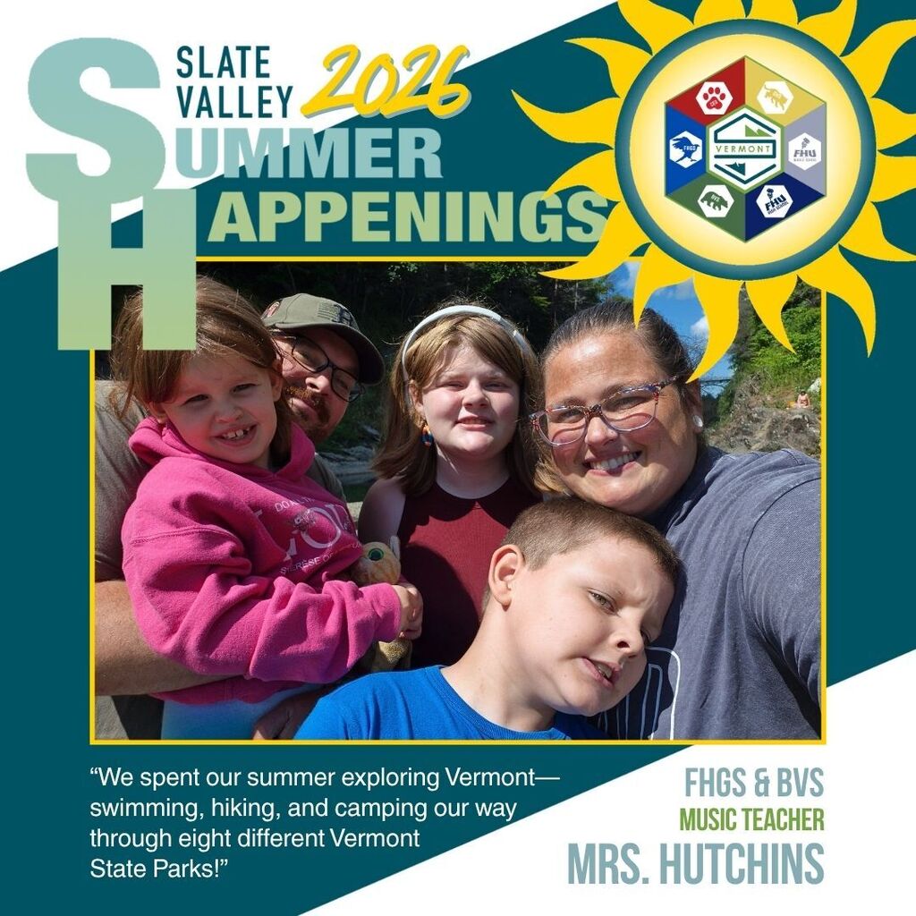 Mrs. Hutchins and her family smile for a group selfie while exploring a Vermont State Park. The family of five is gathered outdoors near a rocky swimming area surrounded by green forest on a sunny summer day.