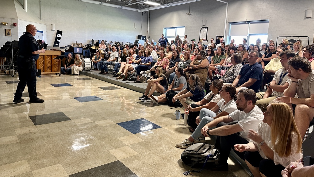 Slate Valley faculty and staff gather for an Opening Day safety workshop led by Castleton Police Chief Peter Mantello.