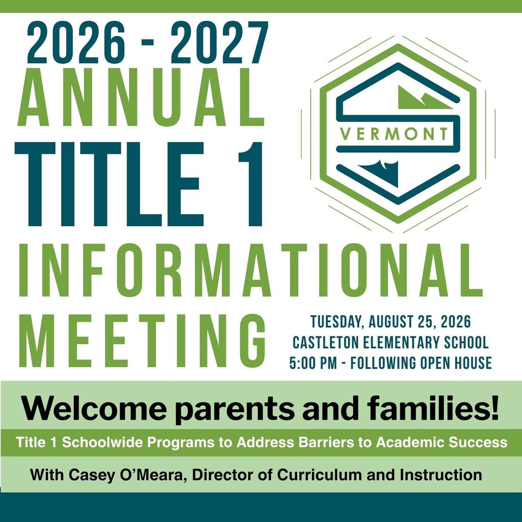 Graphic announcing the 2026–2027 Title 1 Informational Meeting at Castleton Elementary School on Tuesday, August 25 at 5:00 PM, immediately following Open House.