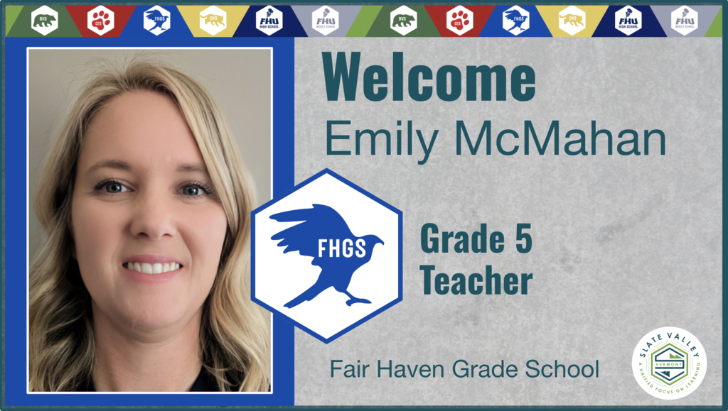 Emily McMahan: Welcome graphic featuring Emily McMahan, new Grade 5 Teacher at Fair Haven Grade School.